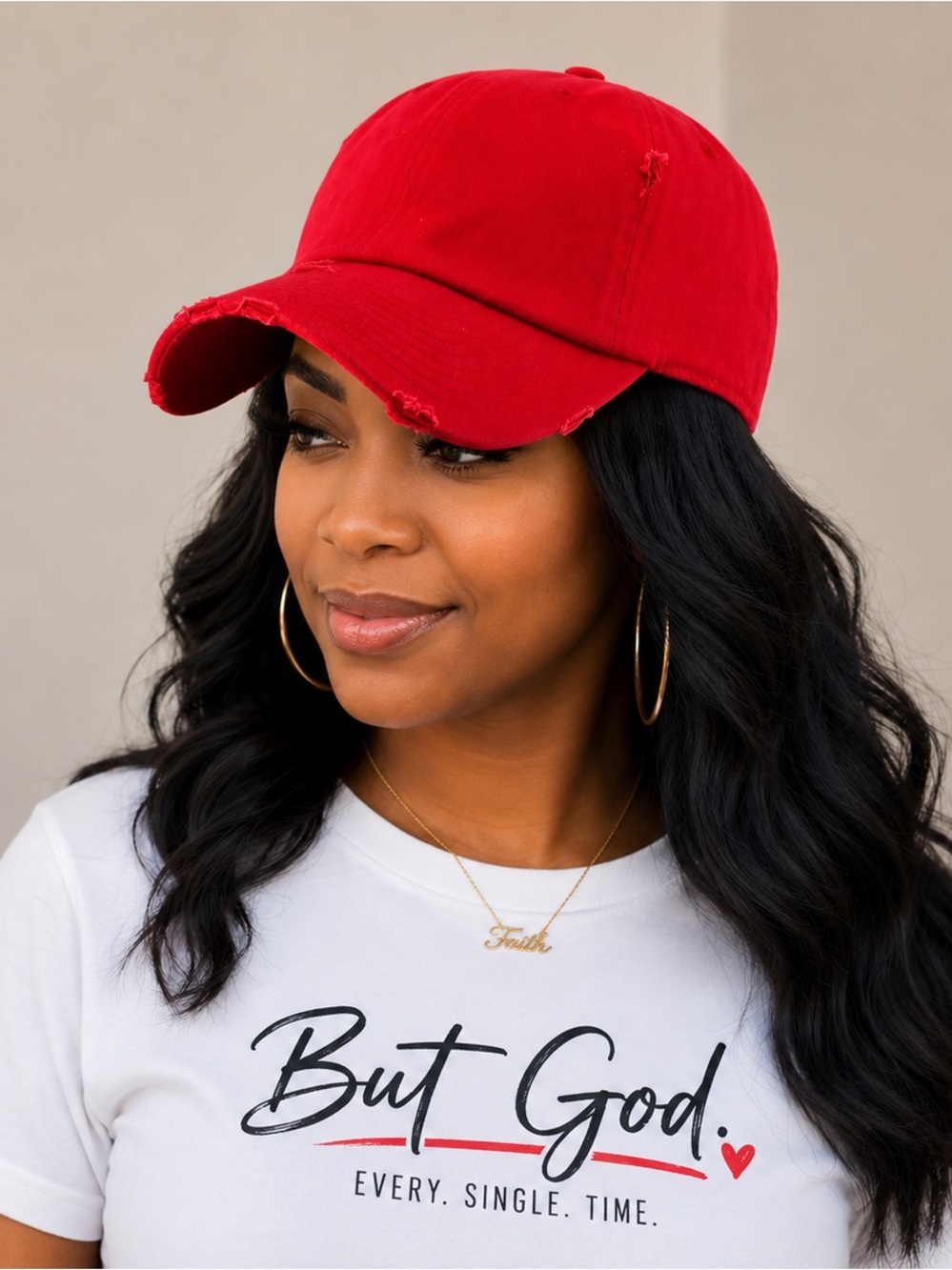 Classic Red Distressed Baseball Cap - Women
